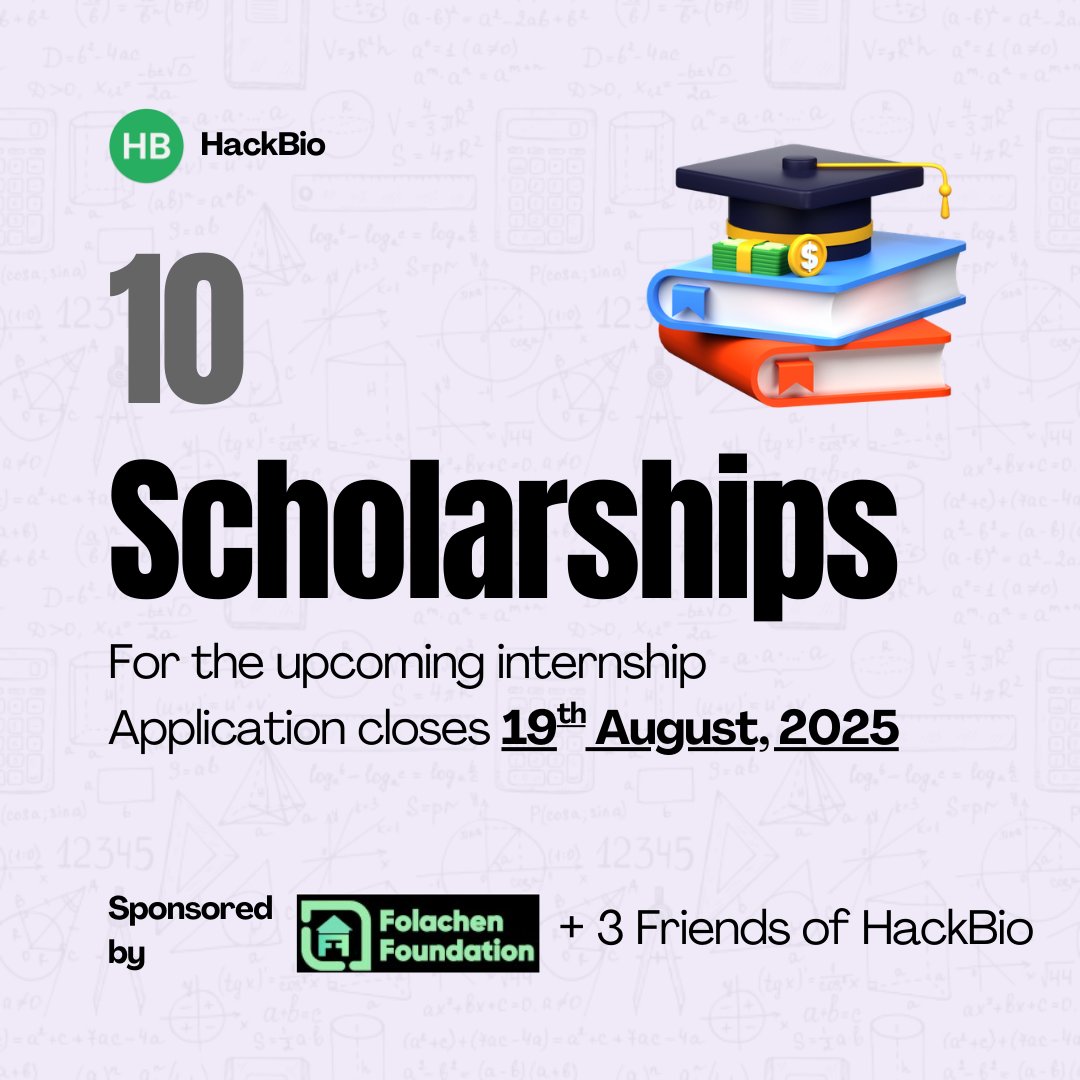 TheHackbio's tweet image. 🎓 10 Scholarships Available

Thanks to The Folachen Foundation,  Akinjide Anifowose, and Friends of HackBio, you can join our NGS Fundamentals Internship fully funded.

⏳ Apply by 19 Aug 2025
🔗 forms.gle/f8wrX7e6zrqtC9…
#HackBio #Scholarship #NGS #Bioinformatics