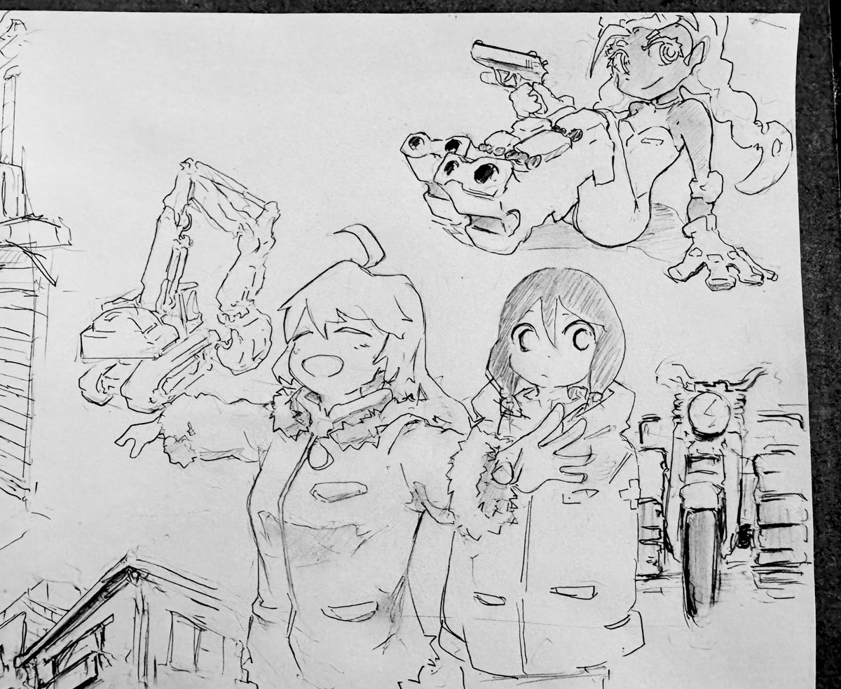 思うまま鉛筆で描く！
少女終末旅行とパンストのガンスミスちゃん描いた
#日々描く #アナログイラスト