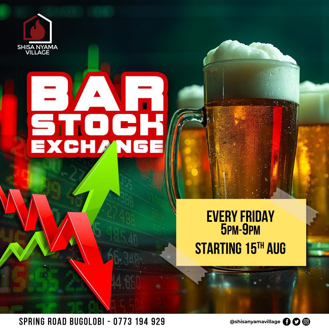 It’s Turn Up Fridays at <a href="/shisavillage/">Shisa Nyama Village</a>! 

From 5–7pm, the Bar Stock Exchange is live—watch drink prices rise and fall in real time. Then the night heats up with beats from <a href="/deejay_malis/">Malis</a>, <a href="/EyoMackus/">Eyo Mackus</a> &amp; <a href="/DeejaySimonUg/">Deejay Simon Ug</a>.