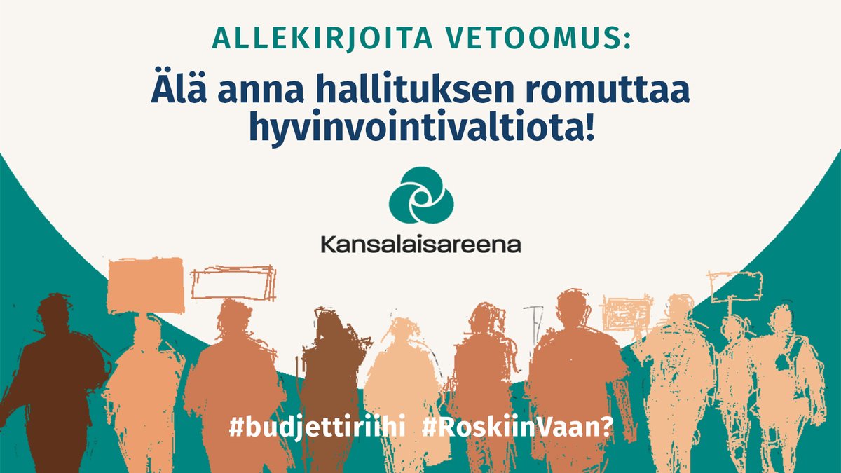 Kansalaisareenan vetoomus: Älä anna hallituksen romuttaa hyvinvointivaltiota
Vetoamme sinuun: allekirjoita vetoomus ja näytä päättäjille, etteivät suomalaiset hyväksy tätä suuntaa!
kansalaisareena.fi/allekirjoita-v…
#avustukset #budjettiriihi #kansalaisyhteiskunta #vapaaehtoistoiminta