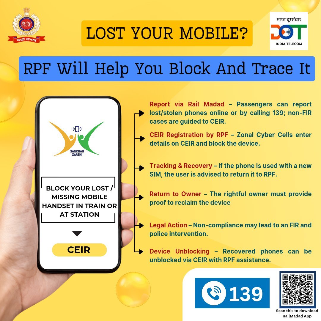 Rpfecrsee1's tweet photo. Lost your phone on a train or station

enhance #OperationAmaanat with CEIR portal for advanced mobile tracking!  Report via #RailMadad or 139 to recover your lost device. @RPF_INDIA @rpfecrhq1 https://t.co/3DjxFpdUlC