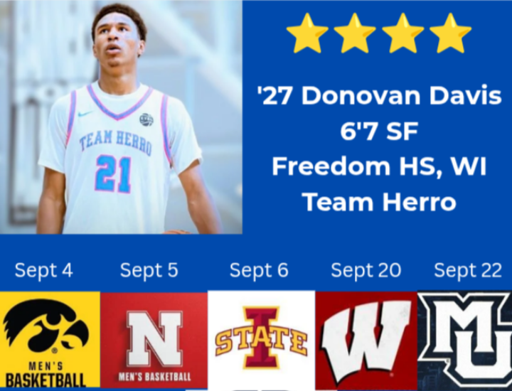 pressrowsports_'s tweet photo. 4⭐ '27 Donovan Davis has scheduled #Unofficial visits with Iowa, Nebraska, Iowa State, Wisconsin, &amp; Marquette.

#PRSN | #WISBB https://t.co/pDZs2c8LUC