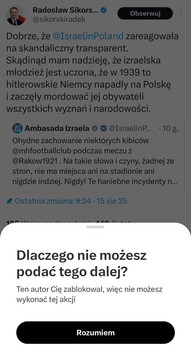 Jacek Prusinowski (@jprusinowski) on Twitter photo Chciałem podać dalej ten wpis, ale niestety nie mogę. Minister <a href="/sikorskiradek/">Radosław Sikorski 🇵🇱🇪🇺</a> mnie zablokował. Zwyczajnie wstyd, że moje państwo tak reaguje gdy ktoś pluje w twarz. Chciałem podać dalej ten wpis, ale niestety nie mogę. Minister <a href="/sikorskiradek/">Radosław Sikorski 🇵🇱🇪🇺</a> mnie zablokował. Zwyczajnie wstyd, że moje państwo tak reaguje gdy ktoś pluje w twarz.