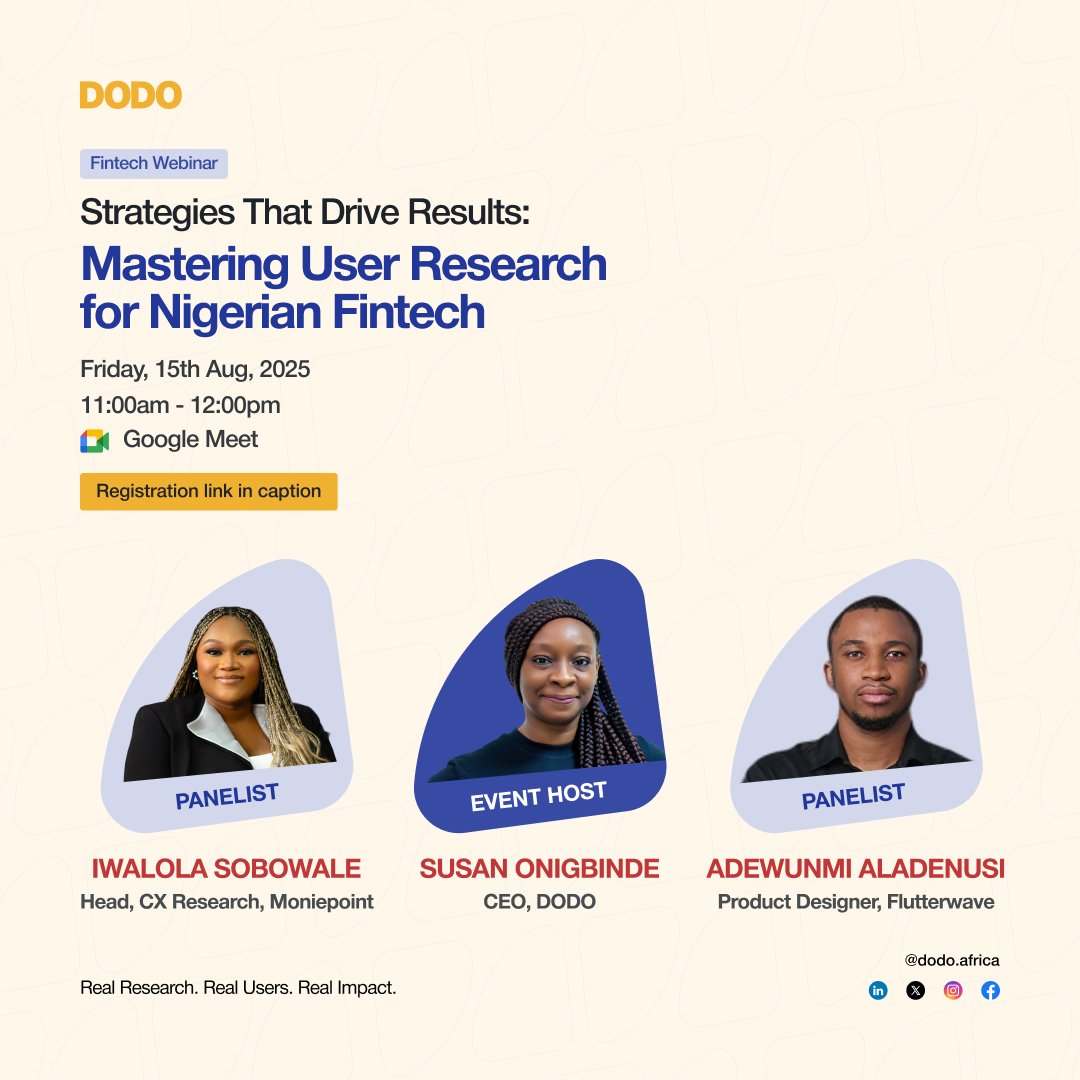 dodo_africa's tweet photo. Webinar Is Live Today!
You cannot afford to miss this discussion if you are developing fintech products in Nigeria.
Time: 11AM WAT
Platform: Google Meet
Join us here: https://t.co/eNf4OYC2nJ
#fintechevent #fintech #fintechnigeria #DODO #userresearch #UX https://t.co/28cqnFgE77