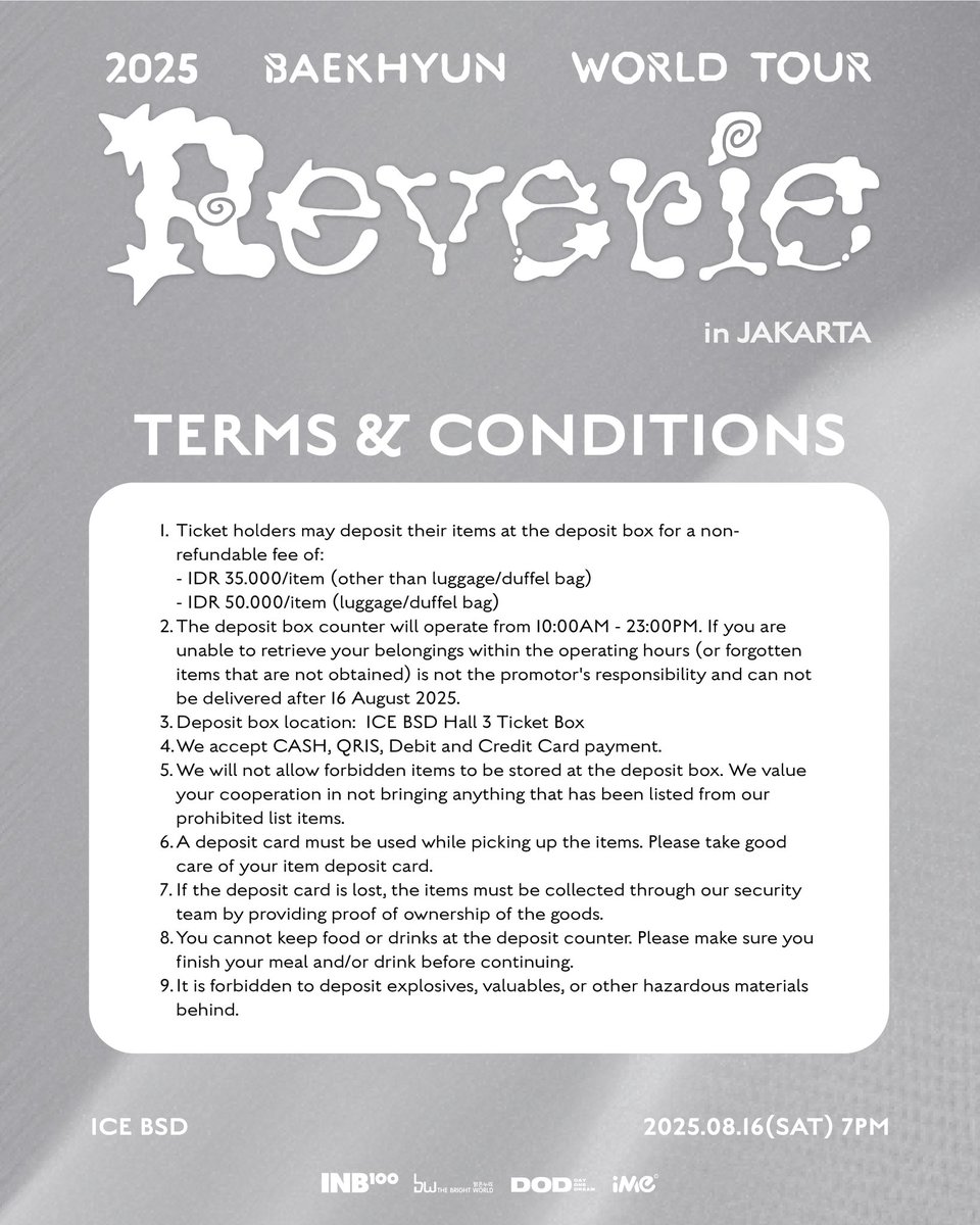 2025 BAEKHYUN WORLD TOUR <Reverie> in JAKARTA - Deposit Box Service.

📍 ICE BSD Hall 3 Ticket Box

#BAEKHYUN #백현 #Reverie #ReverieTour #ReverieJAKARTA #iMeIndonesia