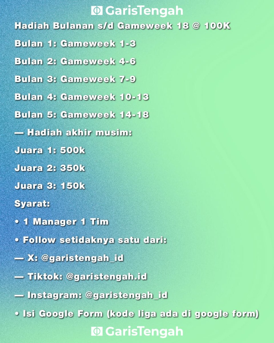 Garis Tengah (@garistengah_id) on Twitter photo Singkat saja!โ
๐ฅGaris Tengah Fantasy League๐ฅ
Yuk ikutan! Hadiah 1,5 juta++
Syarat:
โขโ โ 1 Manager 1 Tim
โขโ โ Follow X/Instagram: <a href="/garistengah_id/">Garis Tengah</a> atau tiktok @/garistengah.id
โขโ โ Isi Google Form (kode liga ada di google form)๐
forms.gle/TYHQjR4W6SvikAโฆ
Gaskeun๐ Singkat saja!โ
๐ฅGaris Tengah Fantasy League๐ฅ
Yuk ikutan! Hadiah 1,5 juta++
Syarat:
โขโ โ 1 Manager 1 Tim
โขโ โ Follow X/Instagram: <a href="/garistengah_id/">Garis Tengah</a> atau tiktok @/garistengah.id
โขโ โ Isi Google Form (kode liga ada di google form)๐
forms.gle/TYHQjR4W6SvikAโฆ
Gaskeun๐