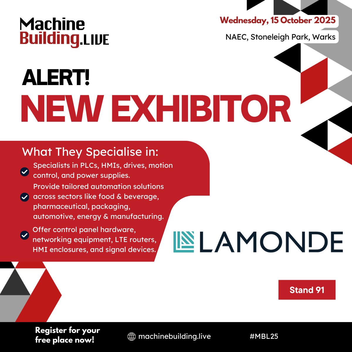 MachineBuilding.net (@machbuild) on Twitter photo We are delighted to welcome <a href="/LamondeDotCom/">Lamonde Automation Limited</a> to MachineBuildingLive, taking place at the NAEC, Stoneleigh Park on 15 October 2025. Find out more here: bit.ly/3GHdsY7 Free to attend: bit.ly/4kQ9WbU
#MBL25 #engineering #ukmanufacturing We are delighted to welcome <a href="/LamondeDotCom/">Lamonde Automation Limited</a> to MachineBuildingLive, taking place at the NAEC, Stoneleigh Park on 15 October 2025. Find out more here: bit.ly/3GHdsY7 Free to attend: bit.ly/4kQ9WbU
#MBL25 #engineering #ukmanufacturing