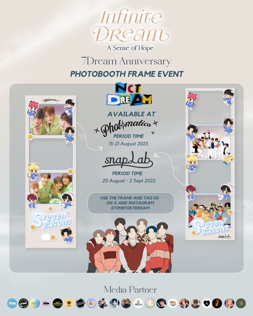 Timefor7Dream's tweet photo. Time for 7 DREAM — 📸🎊
2025 NCT DREAM Photobooth Event

 ꔛ Infinite Dream: A Sense of Hope ✨
presented by @Timefor7Dream 

📍 Location: Snaplab &amp; Photomatics 📅 Date: August 15 – September 2, 2025

Full details in the thread below ⬇️ https://t.co/MyeZA87mF3