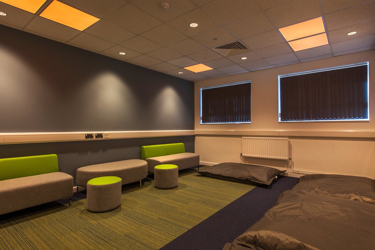 Today is #NationalRelaxationDay, we loved completing this workplace Relaxation and Exercise Room for sole use or team building to chill out, tv watching, exercising, socialising, informal connection and collaboration, better wellbeing #fitout #workspace