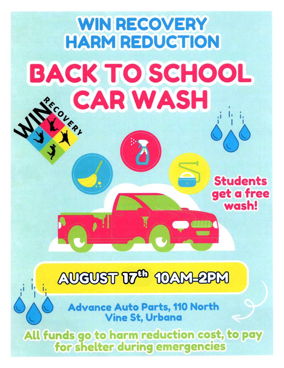 #CARWASH FUNDRAISER THIS WKND!🚗
Join WIN this Sun Aug 17th frm 10am-2pm at Advance Auto Parts (110 N Vine St, Urbana IL) for a community car wash fundraiser!

Students get a FREE wash, just bring your ID!
Funds support emergency shelter for justice-involved women &amp; LGBTQ2S+ ppl!