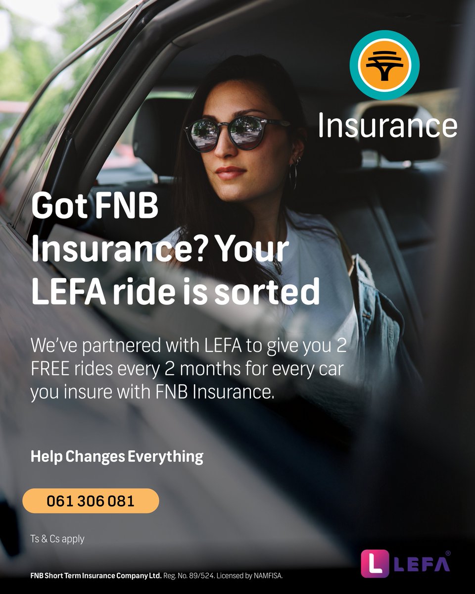 FNB Namibia (@fnbnamibia) on Twitter photo At FNB Insurance, your peace of mind doesn’t stop at accident cover. We’ve partnered with LEFA to offer insured clients in Windhoek and surrounding areas two free ride vouchers every 2 months for every car you have on cover – helping you get home safe and smart. At FNB Insurance, your peace of mind doesn’t stop at accident cover. We’ve partnered with LEFA to offer insured clients in Windhoek and surrounding areas two free ride vouchers every 2 months for every car you have on cover – helping you get home safe and smart.