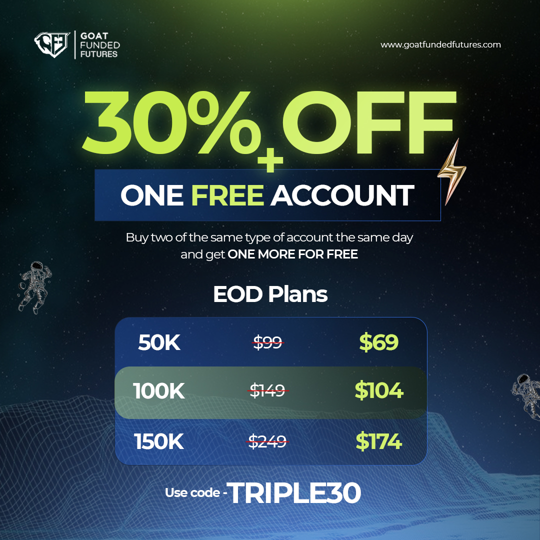 🚀 TRIPLE30 EOD DEAL 🚀

Right now, you can get 30% OFF all EOD Plans and an extra account for FREE.

How it works:

Buy 2 of the same type of account on the same day → Get a 3rd one FREE.

EOD Pricing:
🔹 50K — $69 (was $99)
🔹 100K — $104 (was $149)
🔹 150K — $174 (was $249)