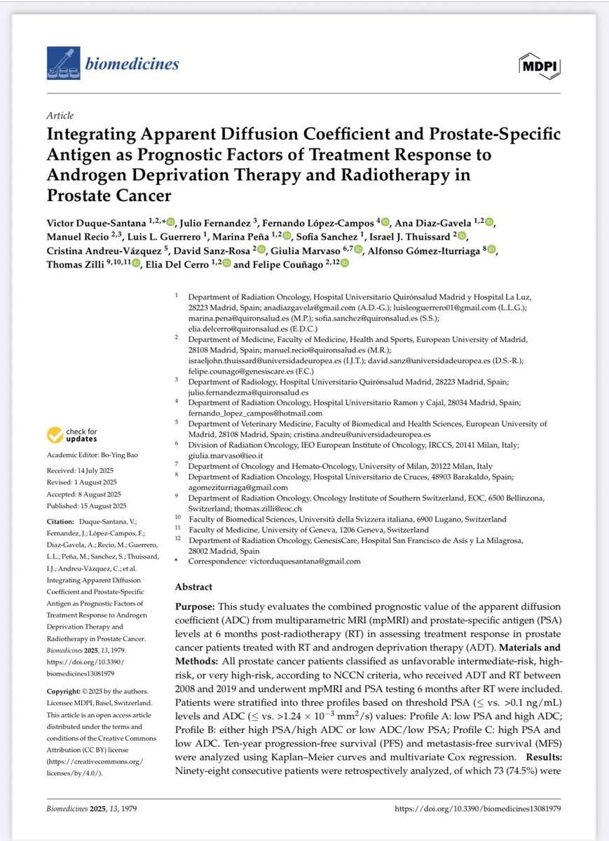 📢 New in Biomedicines 🎓
🧲 ADC (mpMRI) + 📊 PSA @ 6m after RT+ADT → better 🎯 risk stratification in #ProstateCancer
🔗 doi.org/10.3390/biomed…
👏 Congrats to all authors!