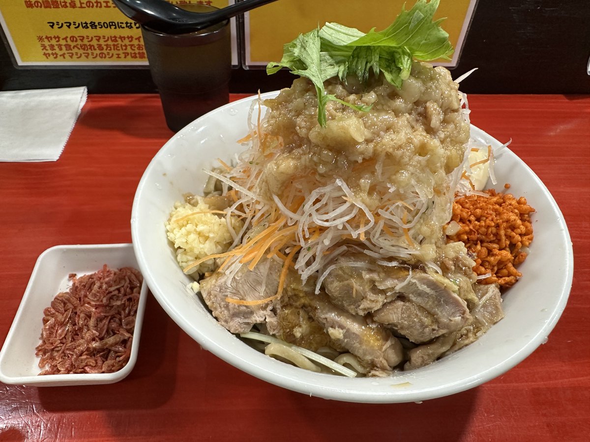 ラーメン鷹の目　明大前店
冷やし中華　ｾﾞﾝﾌﾞ 干しエビ　トマト抜き
今年も待ってました、鷹の目の冷やし中華。サラダですわこれは。麺300gだけどもっといけそうな気持ちになるぐらいモリモリいける。鶏チャーうまい！ちょっと値段はするけど、これは毎日食べたいやつ。