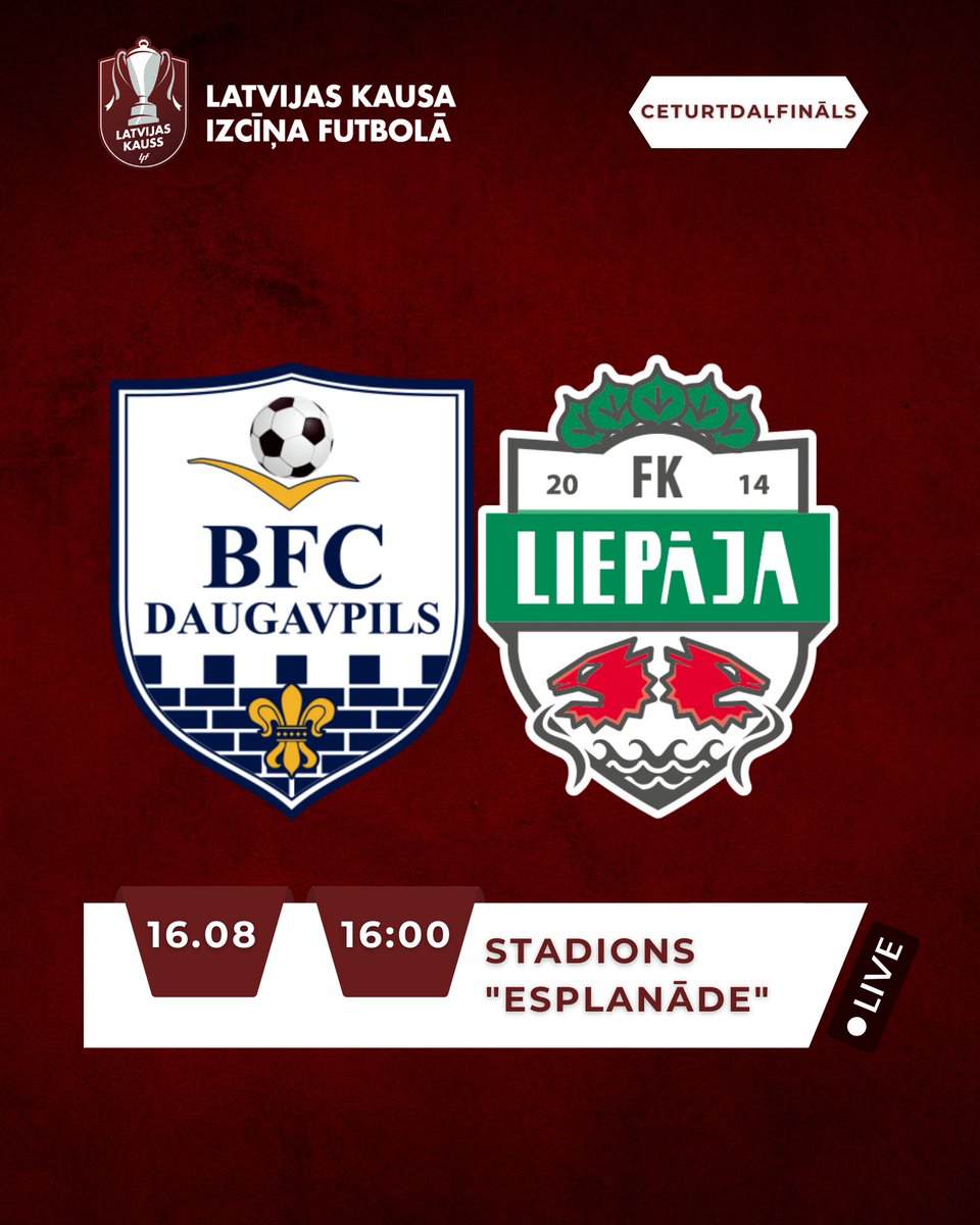 🇱🇻🏆Ceturtdaļfināla posmu atklās spēle Daugavpilī, kur viesosies iepriekšējo divu sezonu pusfinālisti no Liepājas. Mājinieki pusfinālā iepriekš vienīgo reizi iekļuvuši 2016. gadā.

📺 𝗳𝘂𝘁𝗯𝗼𝗹𝘀.𝘁𝘃

#LatvijasKauss