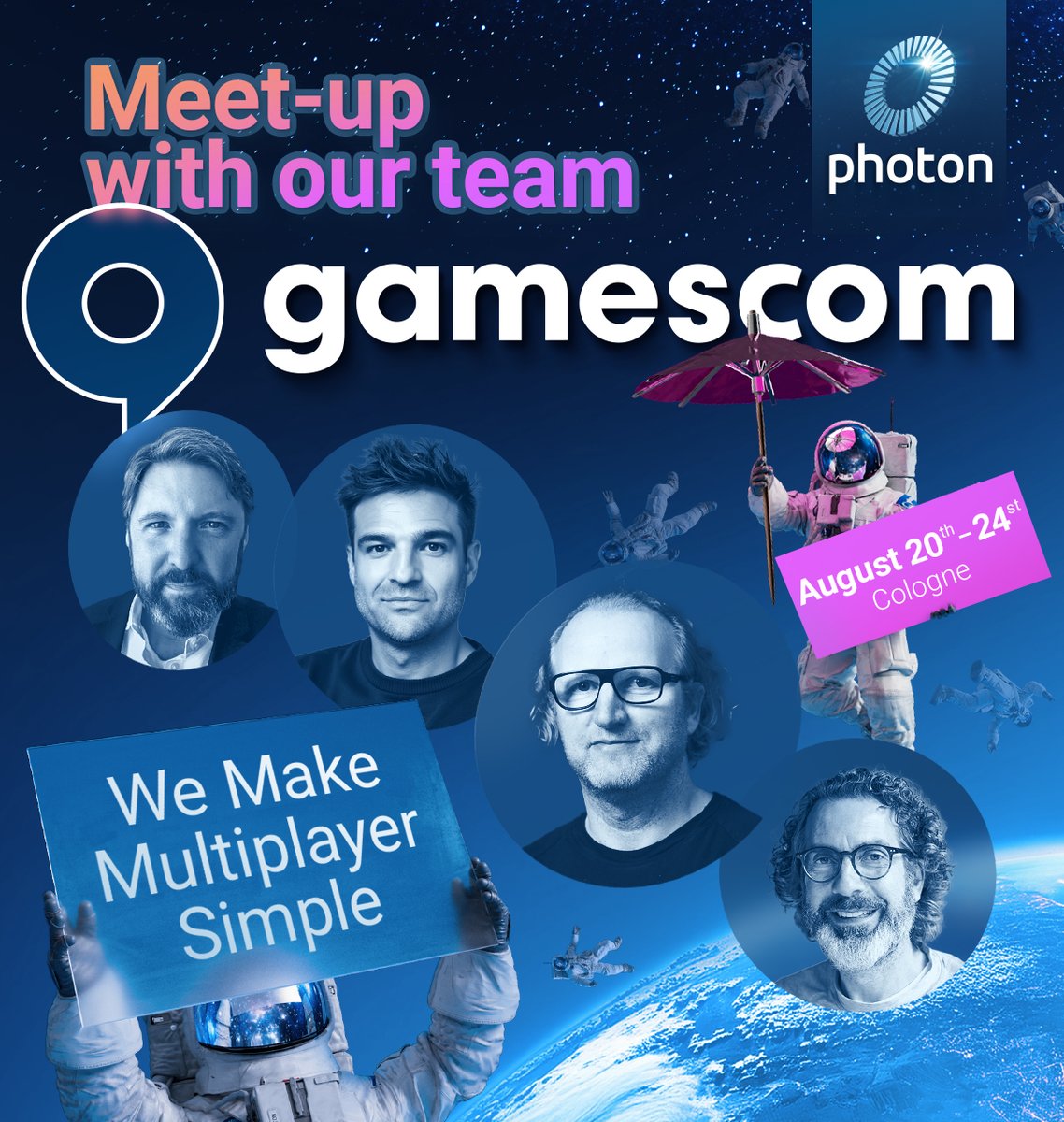 #gamescom2025 &amp; #devcom2025!
Catch Dirk, Mark, Christof &amp; Robert to chat about the latest in gaming, your projects, and future multiplayer ideas.

Don’t miss Mark at devcom:
Mastering Multiplayer – Tue, Aug 19, 11:15–12:15
The Future of Multiplayer – Tue, Aug 19, 17:15–18:15
