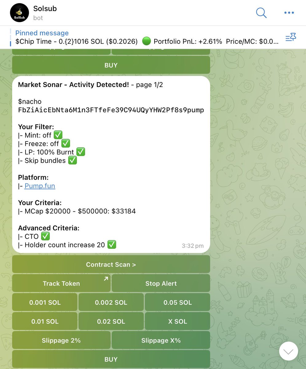 🤝 CTO spotted on $nacho

Dev yeeted. Community steering the ship now.
Could be a moon mission 🚀 … or straight to the ocean floor 🌊

Either way, you’ll know the second it happens.

📡 SolSub scans the meme seas 24/7.
Your filters. Your alerts. Your trades. All in Telegram.