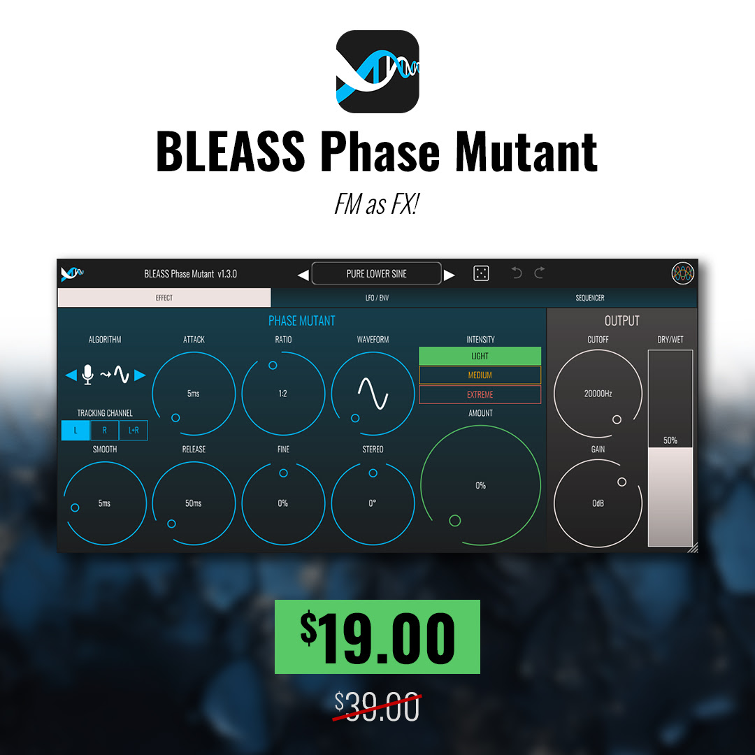 BLEASSapps's tweet image. BLEASS Phase Mutant is ON SALE!
This FM-based plugin is your ticket to wild, musical distortions and unique textures. Perfect for basses, leads, vocals, or anything you wanna spice up. bleass.com/product/bleass…