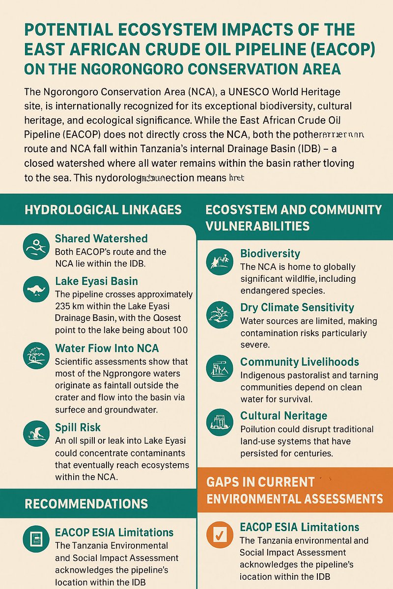 Did you know? #EACOP threatens the Ngorongoro Conservation Area, a UNESCO World Heritage Site.
Both the pipeline &amp; NCA lie in Tanzania’s Internal Drainage Basin, where water never flow to the sea.
A spill into Lake Eyasi could poison waters flowing into Ngorongoro’s ecosystems.🐘