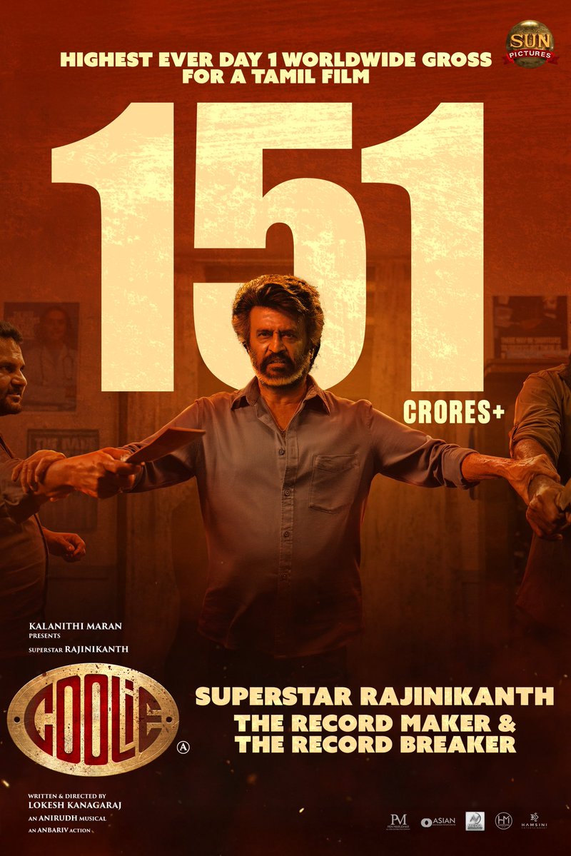 Sun Pictures (@sunpictures) on Twitter photo Superstar Rajinikanth The Record Maker & Record Breaker 🔥🔥🔥
#Coolie becomes the Highest ever Day 1 worldwide gross for a Tamil film with 151 Crores+
#Coolie in theatres worldwide🌟
<a href="/rajinikanth/">Rajinikanth</a> <a href="/Dir_Lokesh/">Lokesh Kanagaraj</a> <a href="/anirudhofficial/">Anirudh Ravichander</a> #AamirKhan <a href="/iamnagarjuna/">Nagarjuna Akkineni</a> <a href="/nimmaupendra/">Upendra</a> #SathyaRaj Superstar Rajinikanth The Record Maker & Record Breaker 🔥🔥🔥
#Coolie becomes the Highest ever Day 1 worldwide gross for a Tamil film with 151 Crores+
#Coolie in theatres worldwide🌟
<a href="/rajinikanth/">Rajinikanth</a> <a href="/Dir_Lokesh/">Lokesh Kanagaraj</a> <a href="/anirudhofficial/">Anirudh Ravichander</a> #AamirKhan <a href="/iamnagarjuna/">Nagarjuna Akkineni</a> <a href="/nimmaupendra/">Upendra</a> #SathyaRaj
