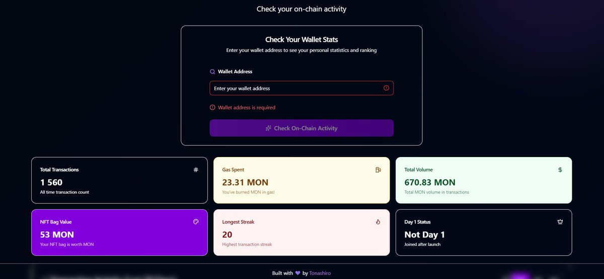 #monad #testnet #monstats

An application for those who like to be up to date with their wallet.

▶️go to monstats.vercel.app

▶️enter the name of the wallet in the free field

▶️click CHECK ON-CHAIN ACTIVITY

😋enjoy your work

friends share your results