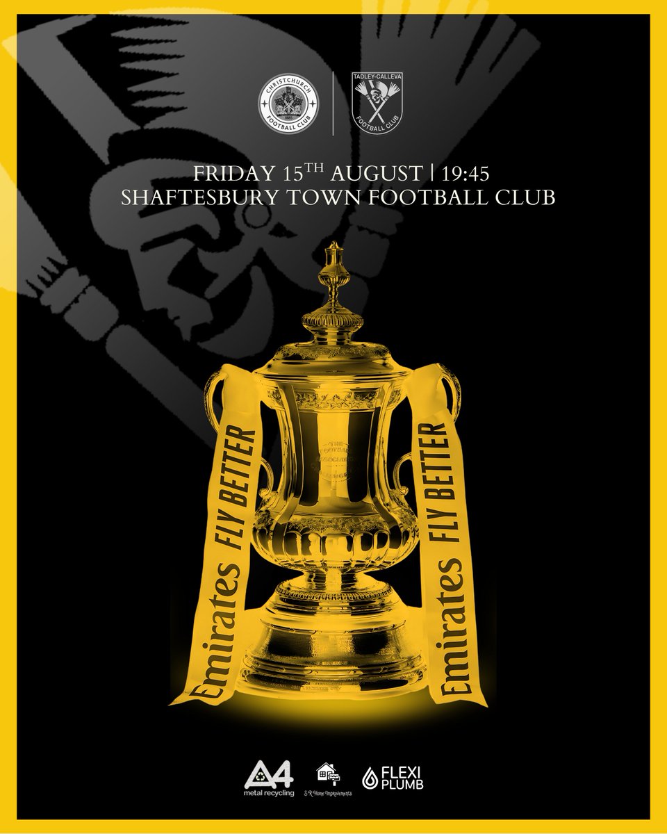 Tadley-Calleva FC (@tadleycallevafc) on Twitter photo MATCHDAY 🏆
The oldest domestic cup competition on the 🌍
🆚 <a href="/ChristchurchFC_/">Christchurch FC</a>
🏆 Emirates FA Cup
🏟️ <a href="/SFC1888/">Shaftesbury F.C</a> | SP7 8PF
We would love to see as many Romans marching into Dorset for some Friday night football.
Ad Victorium | #TCFC MATCHDAY 🏆
The oldest domestic cup competition on the 🌍
🆚 <a href="/ChristchurchFC_/">Christchurch FC</a>
🏆 Emirates FA Cup
🏟️ <a href="/SFC1888/">Shaftesbury F.C</a> | SP7 8PF
We would love to see as many Romans marching into Dorset for some Friday night football.
Ad Victorium | #TCFC