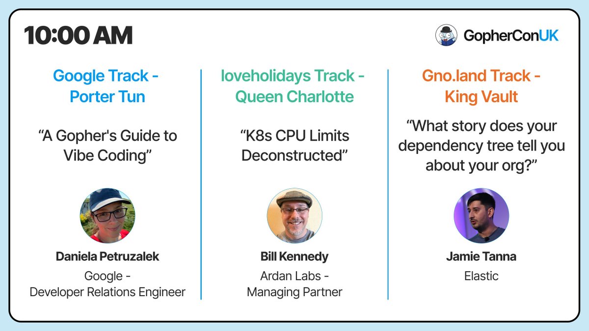 GopherCon UK (@gopherconuk) on Twitter photo 🔔 Up next at #gopherconuk25!
Three incredible sessions are about to begin from Daniela Petruzalek, William Kennedy, and a hands-on tutorial led by Jamie Tanna
Which one are you heading to? 👀
<a href="/goinggodotnet/">William (Bill) Kennedy</a> <a href="/danicat83/">Daniela Petruzalek</a> <a href="/JamieTanna/">Jamie Tanna | www.jvt.me</a> 🔔 Up next at #gopherconuk25!
Three incredible sessions are about to begin from Daniela Petruzalek, William Kennedy, and a hands-on tutorial led by Jamie Tanna
Which one are you heading to? 👀
<a href="/goinggodotnet/">William (Bill) Kennedy</a> <a href="/danicat83/">Daniela Petruzalek</a> <a href="/JamieTanna/">Jamie Tanna | www.jvt.me</a>