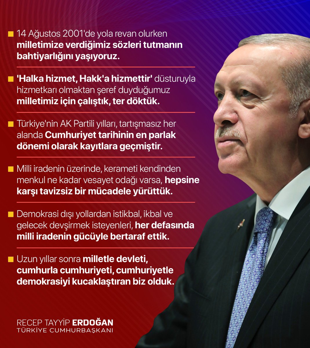 Oğuz Kaan POLAT (@oguzkaan_plt) on Twitter photo Cumhurbaşkanımız Recep Tayyip Erdoğan:
"Türkiye'nin AK Partili yılları, tartışmasız her alanda Cumhuriyet tarihinin en parlak dönemi olarak kayıtlara geçmiştir."
#24YılınHikayesi
<a href="/RTErdogan/">Recep Tayyip Erdoğan</a>
<a href="/mahmutnazirli/">Mahmut Rıdvan Nazırlı</a> Cumhurbaşkanımız Recep Tayyip Erdoğan:
"Türkiye'nin AK Partili yılları, tartışmasız her alanda Cumhuriyet tarihinin en parlak dönemi olarak kayıtlara geçmiştir."
#24YılınHikayesi
<a href="/RTErdogan/">Recep Tayyip Erdoğan</a>
<a href="/mahmutnazirli/">Mahmut Rıdvan Nazırlı</a>