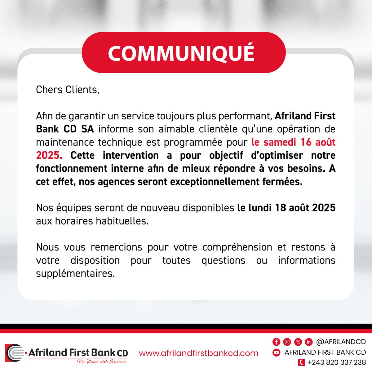 [NOUS SERONS A NOUVEAU DISPONIBLES A PARTIR DU LUNDI 18 AOÛT]. Merci de votre compréhension, bon week-end !
.
#AfrilandFirstBankcd