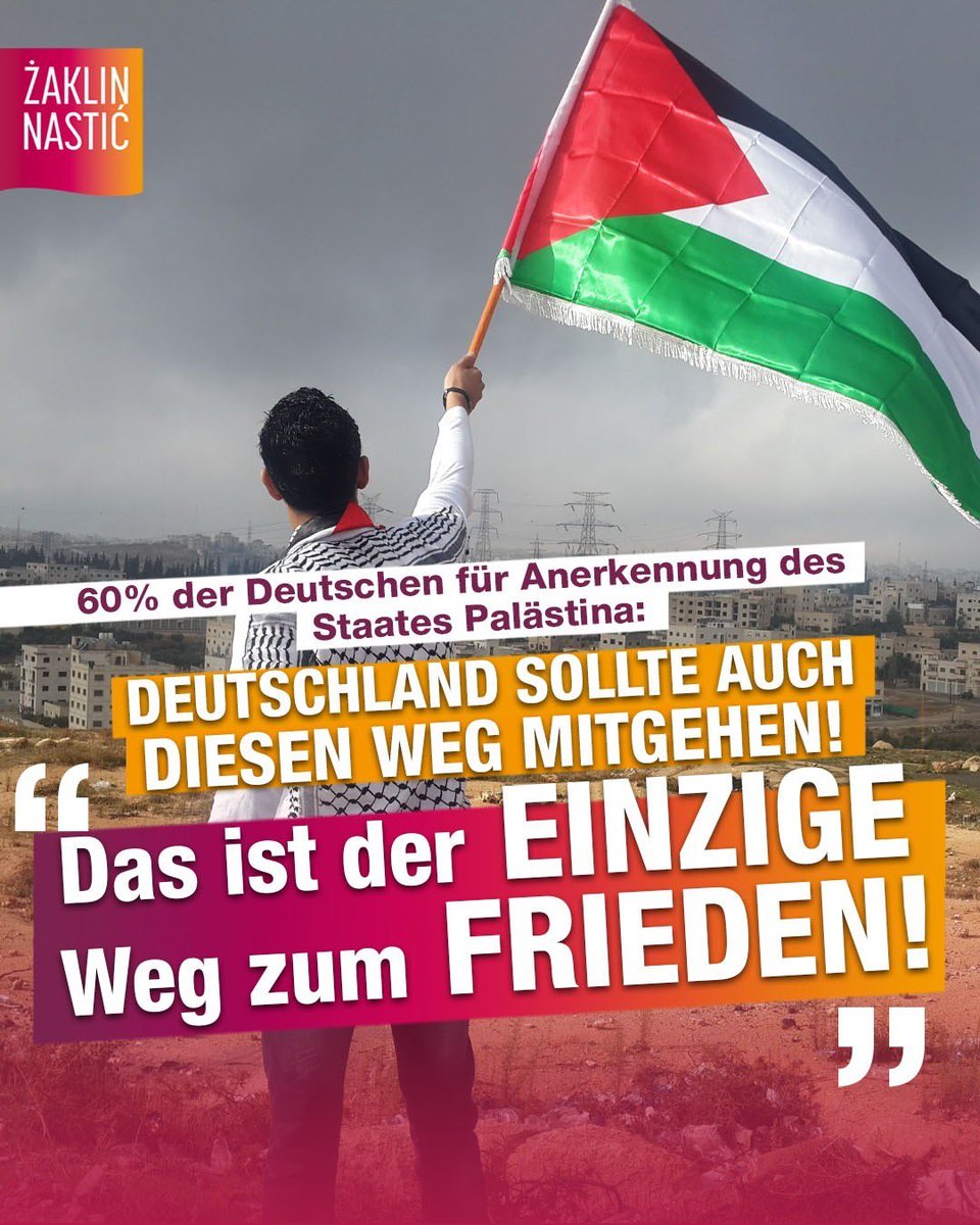 Eine aktuelle ZDF-Umfrage zeigt: 60 % der Deutschen wollen, dass Deutschland Palästina als Staat anerkennt, nur 22 % sind dagegen. 83 % sind dafür, keine Waffen zu liefern, die im Gazastreifen genutzt werden könnten.
Frieden funktioniert nur, wenn beide Seiten gleich behandelt