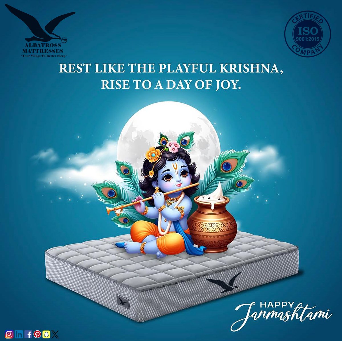 Albatrossindia7's tweet photo. Rest like the playful Krishna, rise to joy every morning. 🌙✨

This Janmashtami, gift yourself divine comfort with Albatross Mattresses. 💙

#Janmashtami #Krishna #BetterSleepBetterLife #AlbatrossMattresses #BabyKrishna #yourwingstobettersleep https://t.co/DKFb8H685U
