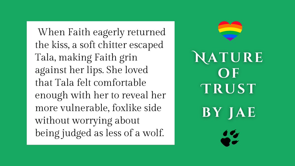 Jae ๐ณ๏ธโ๐ (@jaefiction) on Twitter photo I thought I'd share a quote from my new novelette "Nature of Trust." 
Some of my favorite scenes in Faith & Tala's books are whenever Tala lets her guard down and shows her fox side, which she does only around Faith. 
mybook.to/NoT9
#PNR #sapphicbooks I thought I'd share a quote from my new novelette "Nature of Trust." 
Some of my favorite scenes in Faith & Tala's books are whenever Tala lets her guard down and shows her fox side, which she does only around Faith. 
mybook.to/NoT9
#PNR #sapphicbooks