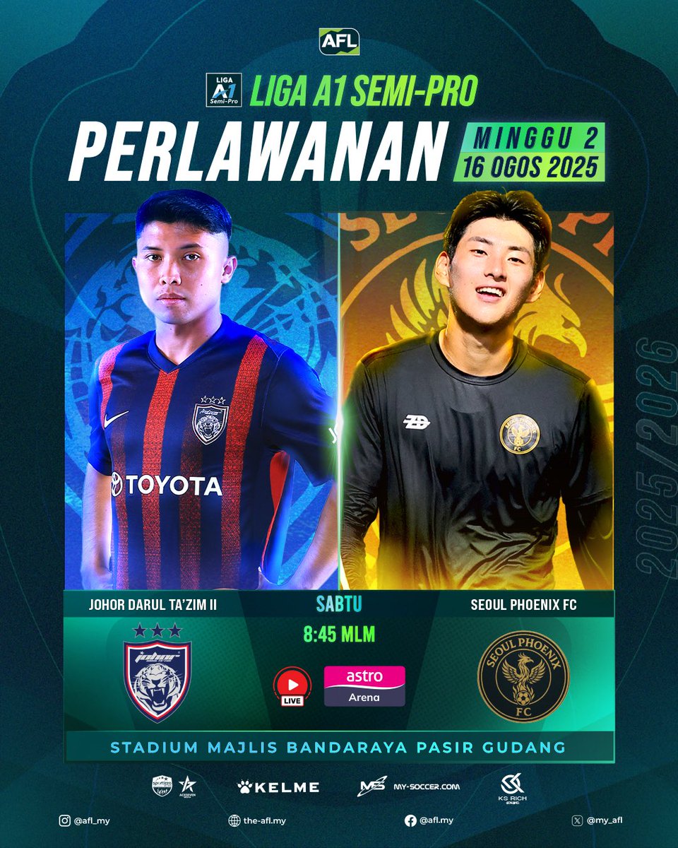Pertembungan yang dinantikan !!!!

Saingan Liga A1 Semi-Pro 2025/2026 diteruskan dengan satu perlawanan bakal berlangsung malam esok di antara JDT II menentang Seoul Phoenix FC.

#afl #ligaa1 #ligauntuksemua