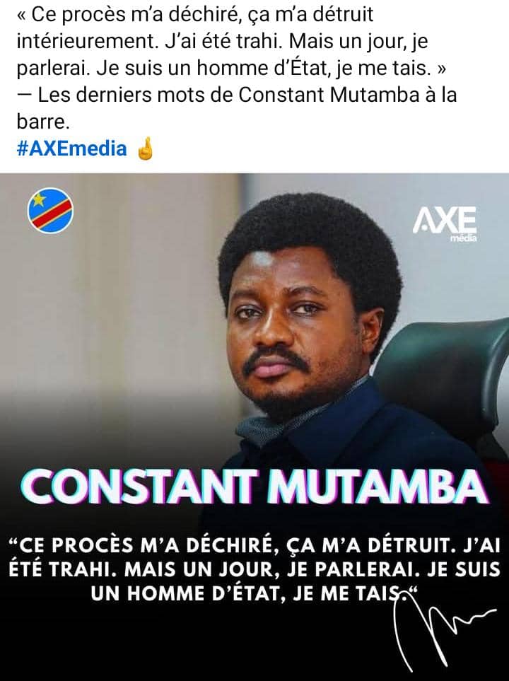 DOSSIER MUTAMBA : LA JEUNESSE CONGOLAISE DEVIENT DE PLUS EN PLUS CONSCIENTE.

"Jeunesse congolaise telema pe belela avant que mungongo ekatana!L'arrestation de Mutamba serait un frein pour l'élan dela jeunesse face à tous ces racailles. Nous ne devons jamais accepter cela!
Notre