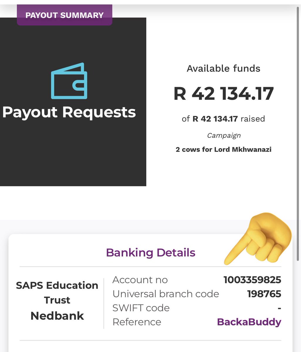 ChrisExcel102's tweet photo. Update comrades. 

Today we successfully requested the payout

R42 134.17 will be paid to SAPS EDUCATION TRUST NEDBANK account… 

Backabuddy will email proof of payment shortly. 

Cc. @SizweDhlomo https://t.co/MACZlTIO1v