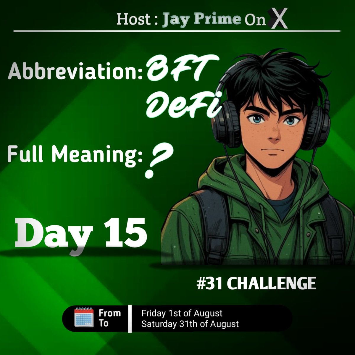 Jay_Prime001's tweet photo. Not too late
🌞 GM CT 🌞
Day 15 of the #31Challenge and we’re just warming up 🔥
Jay Prime:-
BFT – Byzantine Fault Tolerance
DeFi – Decentralized Finance
Now you know. Pass it on. 📲
#BFT #DeFi #ChallengeAccepted https://t.co/a3r97zcfsk