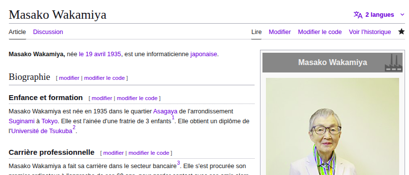 80 % des biographies sur Wikipédia sont celles d’hommes (cf <a href="/lessanspagEs/">les sans pagEs 💪🏾🧙‍♀️🏳️‍🌈</a>). Mes clients ne font pas exception.

Pour compenser, j’essaie de créer a minima une bio de femme pour chaque bio d’homme ajoutée.

Voilà pourquoi je viens de créer celle de la développeuse Masako Wakamiya.