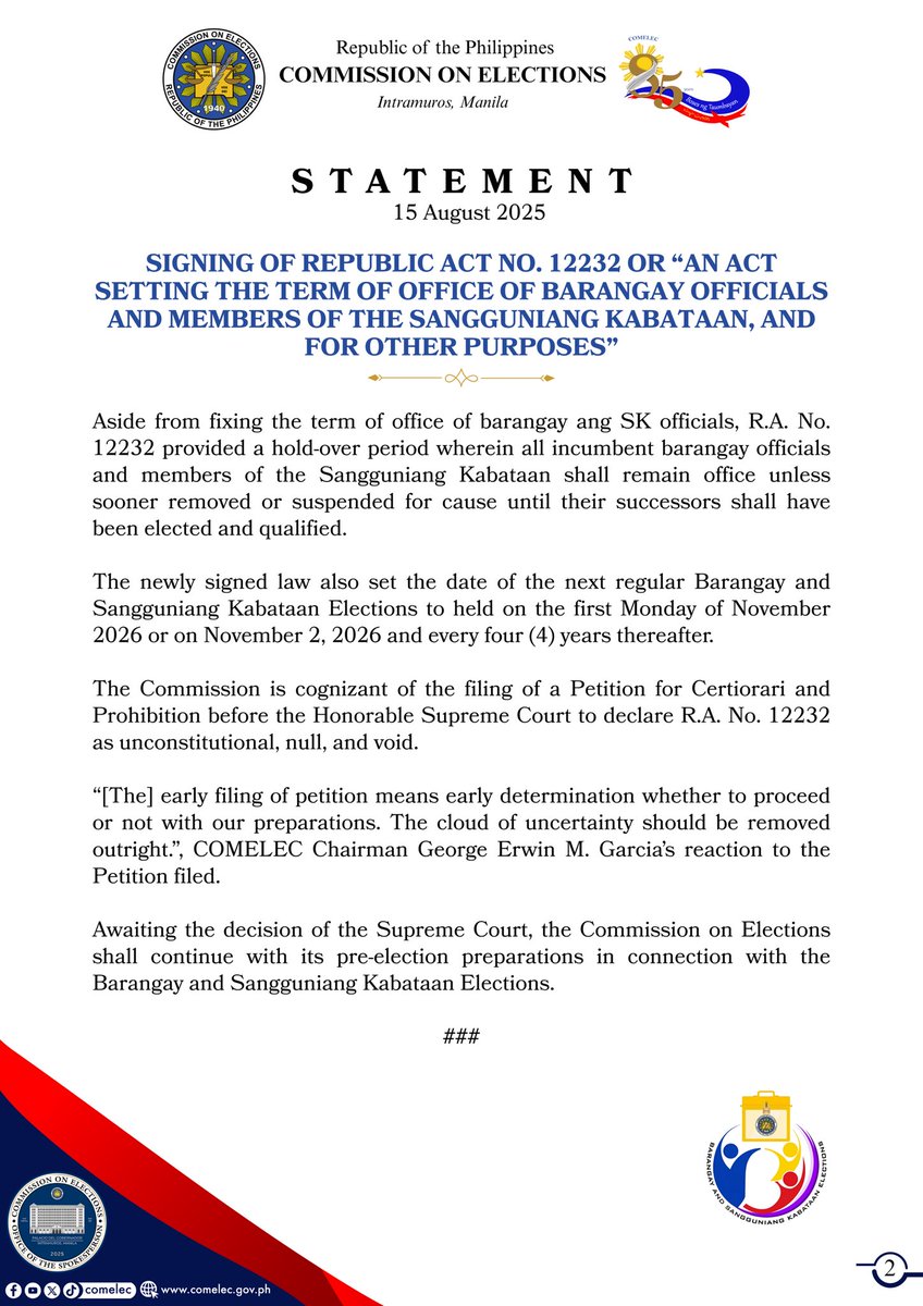 COMELEC's tweet image. 𝐒𝐓𝐀𝐓𝐄𝐌𝐄𝐍𝐓 | 𝟏𝟓 𝐀𝐔𝐆𝐔𝐒𝐓 𝟐𝟎𝟐𝟓

SIGNING OF REPUBLIC ACT NO. 12232 OR “AN ACT SETTING THE TERM OF OFFICE OF BARANGAY OFFICIALS AND MEMBERS OF THE SANGGUNIANG KABATAAN, AND FOR OTHER PURPOSES”

#COMELEC
#COMELECStatement
#BarangayandSangguniangKabataanElections