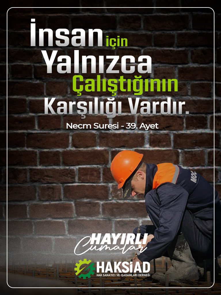 “İnsan için yalnızca çalıştığının karşılığı vardır.” (Necm Suresi, 39. Ayet)
Emek, gayret ve alın terinin bereketli olacağı, duaların kabul olacağı bir cuma günü diliyorum.
Rabbim, çalışmalarımızı hayırlara vesile kılsın