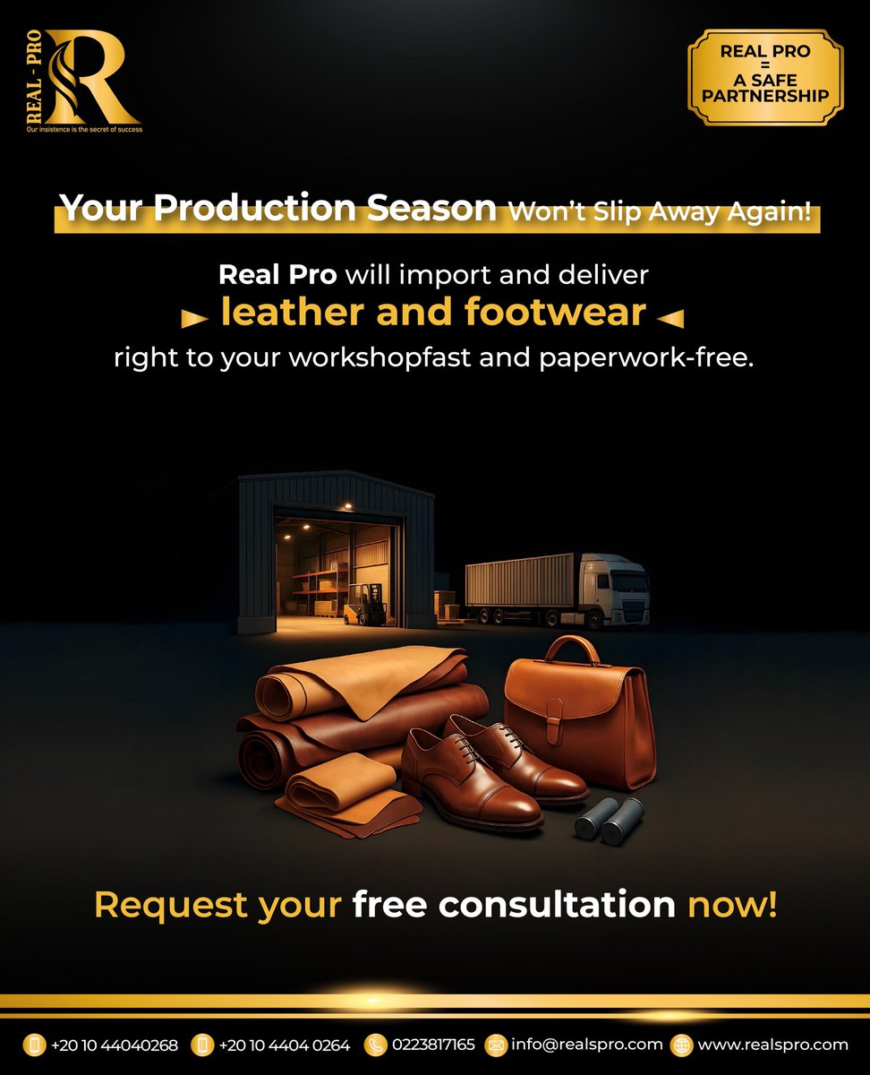REALPRO31287's tweet photo. Make leather bags or shoes? 👜👞
Don’t lose your market edge—Real Pro’s Import License + customs delivery gets leather products to you fast.
🌐 https://t.co/NELidinZ3U 
 📞 +20 104 404 0264
#LeatherImport #ImportLicense https://t.co/QpBMcs1pDj