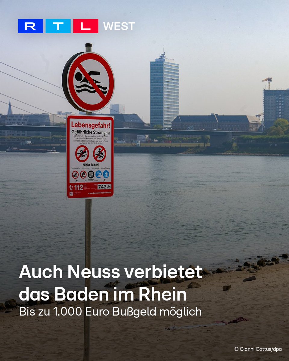 RTLWEST's tweet photo. Erst #Düsseldorf, jetzt die Nachbarstadt #Neuss: Auch dort gilt ab sofort ein #Badeverbot im #Rhein. Die Stadt hat eine entsprechende Verordnung erlassen. Verstöße werden – wie auch in Düsseldorf – mit einem #Bußgeld von bis zu 1.000 Euro geahndet. Hintergrund des Badeverbots sind vermehrte #Unfälle in den vergangenen Wochen. Behörden und Rettungsdienste warnen immer wieder dringend davor, im Rhein zu schwimmen. Wellenschlag, Strömungen und wechselnde Wasserstände können schnell zu #Gefahren werden.