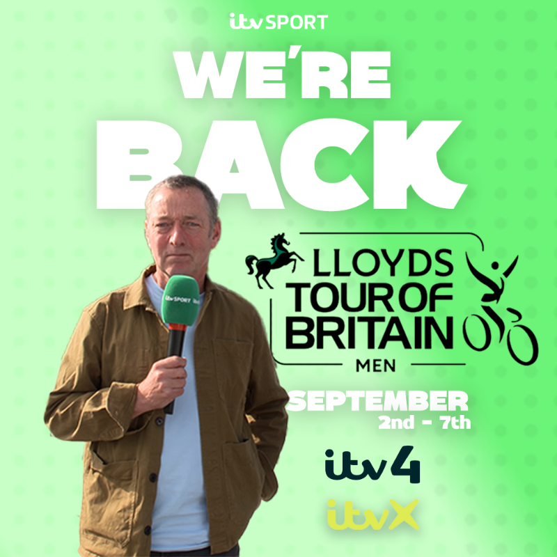 itvcycling's tweet photo. WE’RE BACK with live coverage of Britain’s biggest professional cycle race, the Lloyds Tour of Britain Men. From Tuesday 2nd September, @nedboulting will bring the action to fans across Britain on ITV4 and @ITVX