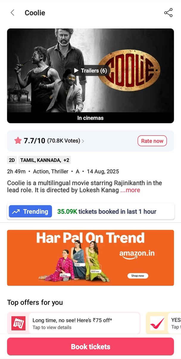 SivaMOfficial's tweet photo. Indian Box Office Storm All India 💥💥💥💥💥 Hourly Sales 
#Coolie - 35.9K 
#CoolieThePowerHouse - 7.78K
#War2 - 52.77K 
#MahavatarNarsimha - 15.62K 
#SuFromSo - 5.85K 
#SumathiValavu - 1.35K+

#CoolWar https://t.co/JCZTdPWDd7