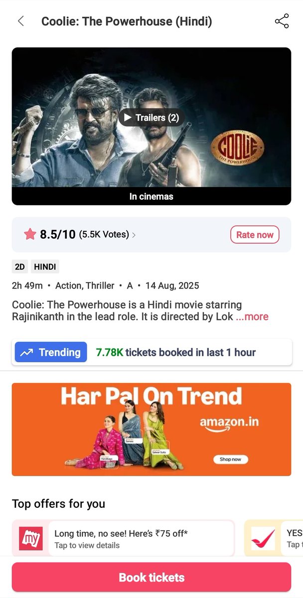 SivaMOfficial's tweet photo. Indian Box Office Storm All India 💥💥💥💥💥 Hourly Sales 
#Coolie - 35.9K 
#CoolieThePowerHouse - 7.78K
#War2 - 52.77K 
#MahavatarNarsimha - 15.62K 
#SuFromSo - 5.85K 
#SumathiValavu - 1.35K+

#CoolWar https://t.co/JCZTdPWDd7