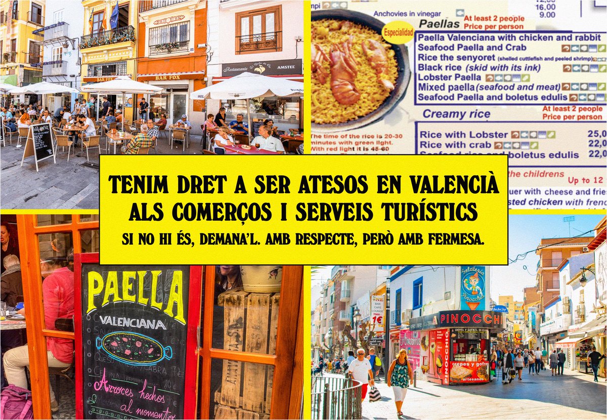 Carrers plens de terrasses per a turistes, cartes en anglès, cambrers que parlen tres idiomes… però el valencià brilla per la seua absència. El turisme massificat expulsa els veïns dels barris i arracona la llengua. 

Parlar valencià ha de ser un dret garantit🫱🏼‍🫲🏾