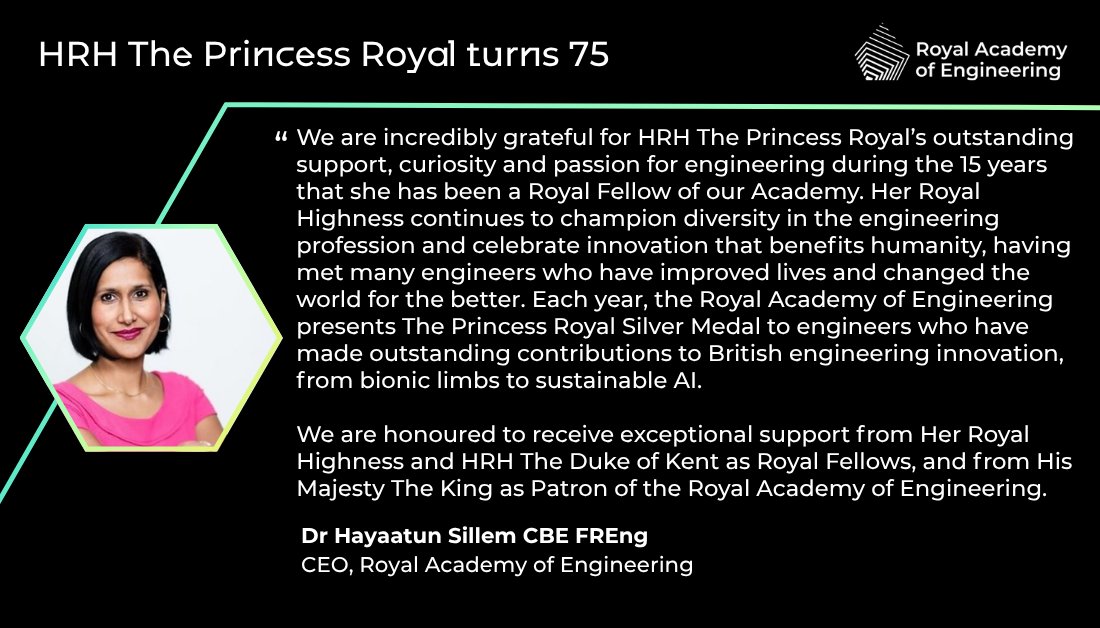 Royal Academy of Engineering (@raengnews) on Twitter photo Celebrating The Princess Royal turning 75 today, Academy CEO Dr Hayaatun Sillem CBE FREng reflects on HRH's outstanding contributions and dedication to championing the engineering and technology profession. Celebrating The Princess Royal turning 75 today, Academy CEO Dr Hayaatun Sillem CBE FREng reflects on HRH's outstanding contributions and dedication to championing the engineering and technology profession.