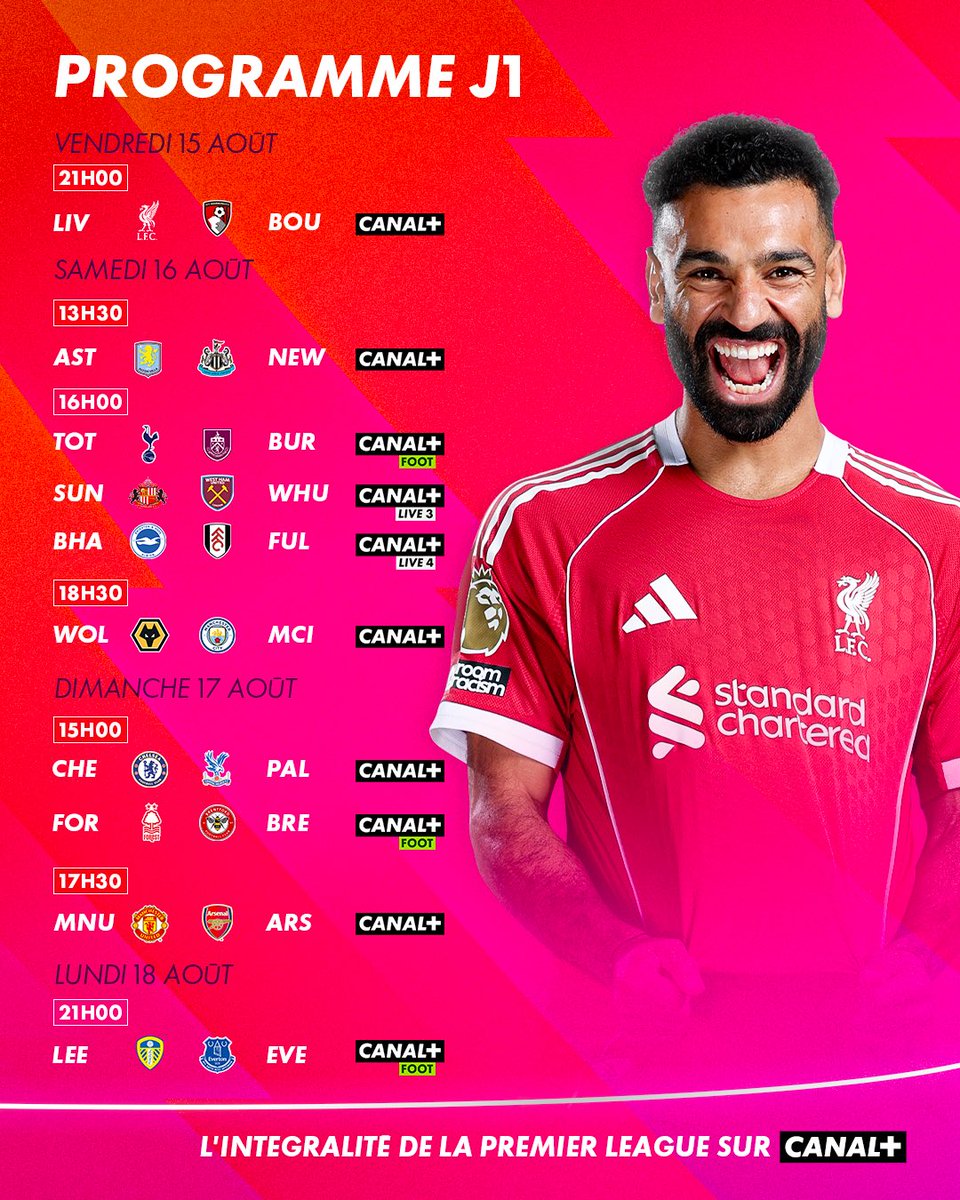 🚨 LA PREMIER LEAGUE EST DE RETOUR 🚨

⬇️ Voici le programme complet de la première journée de championnat de PL, et ça commence dès ce soir avec Liverpool-Bournemouth en clair sur Canal+ 🤩