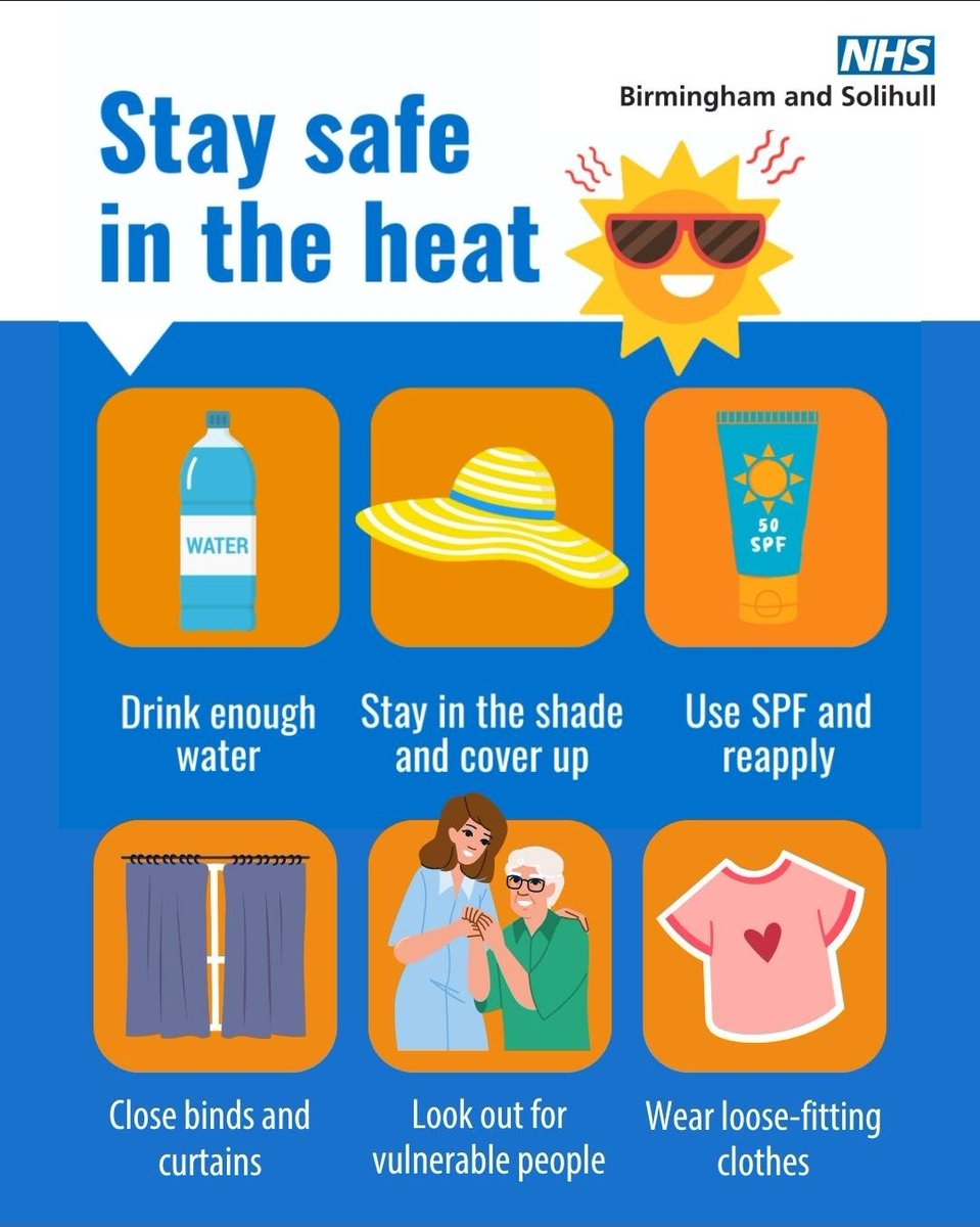 ⚠️ The Yellow Heat Health Alert currently in place has been extended to 6PM on Monday 18/08/2025.

This weather could increase the health risks to vulnerable people.

Please stay safe and take care by following these tips 🔆

#yellowweatherwarning #midlands #heatwave🔥 #staysafe