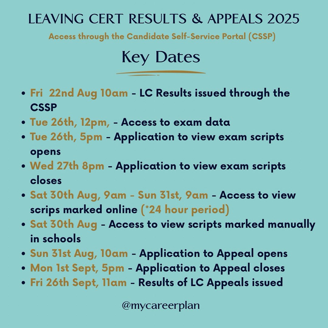 ‼️1 week to go to Leaving Cert results for the class of 2025!!
There are a number of very important dates and deadlines in the week that follows &amp; deadlines are strictly applied!

#leavingcert2025 #leavingcert #leavingcertresults #LeavingCertificate #candidateportal