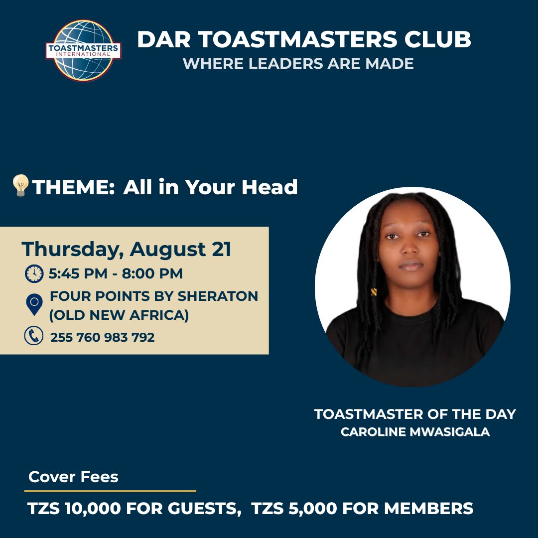 dartoastmaster (@dartoastmasters) on Twitter photo π§ All in Your Head π§
Sometimes the only thing holding you back⦠is you.
π Four Points by Sheraton (Old New Africa)
π Aug 21 | 5:45 PM β 8:00 PM
π€ Toastmaster of the Day: Caroline Mwasigala (<a href="/myspexg/">Caroline Mwasigala</a>)
Itβs all in your head, letβs prove it together. β¨ π§ All in Your Head π§
Sometimes the only thing holding you back⦠is you.
π Four Points by Sheraton (Old New Africa)
π Aug 21 | 5:45 PM β 8:00 PM
π€ Toastmaster of the Day: Caroline Mwasigala (<a href="/myspexg/">Caroline Mwasigala</a>)
Itβs all in your head, letβs prove it together. β¨